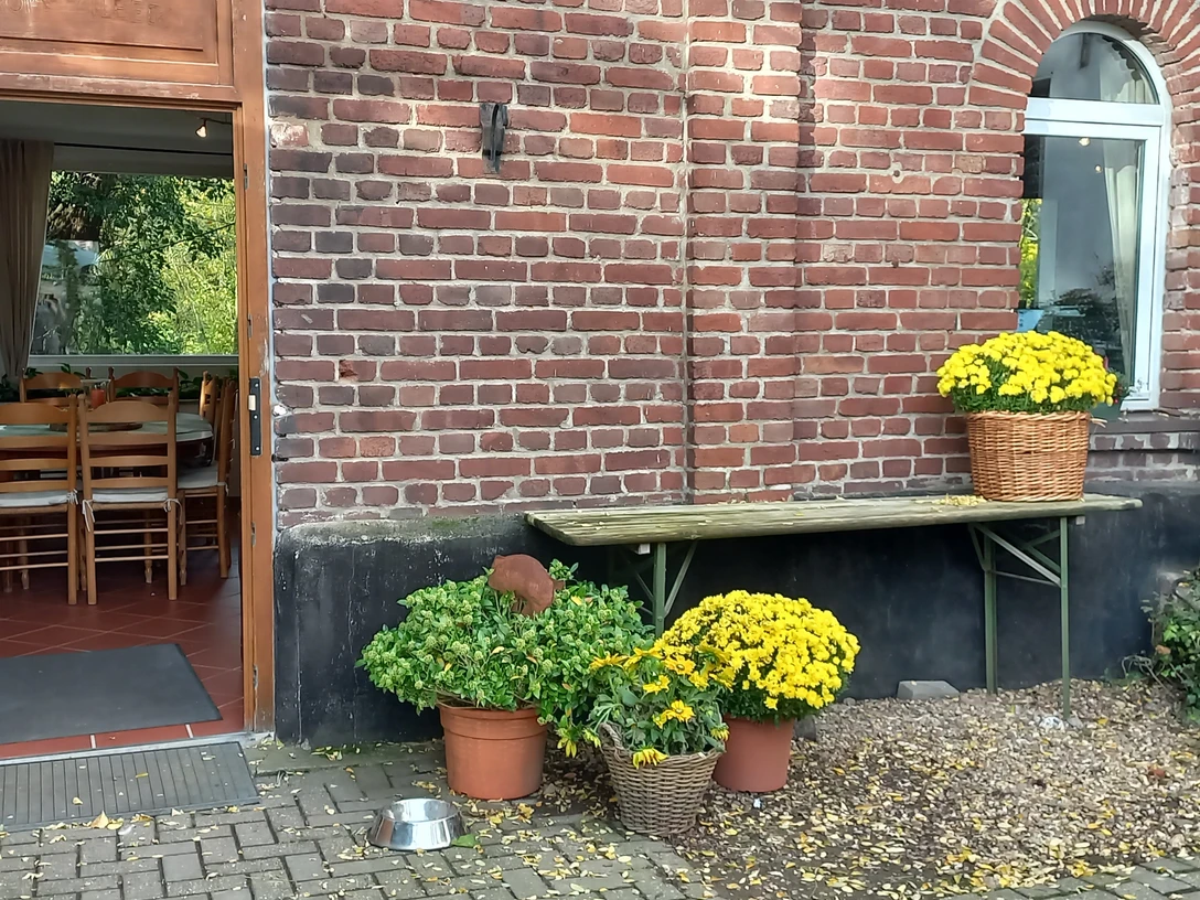 Bauernhof-Café Groß Ilbeck in Ratingen Eingang eines roten Backsteingebäudes mit offenen Holztüren, blühenden gelben Chrysanthemen in Körben.