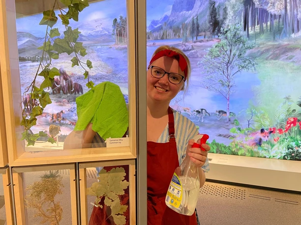 Erlebnisführung mit dem Wischmopp durch die Steinzeit Eine Person in roter Schürze putzt ein Fenster in einem Ausstellungsraum mit Steinzeit-Diorama.