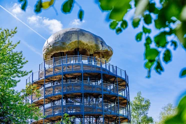 Höhlenblick-Turm mit Kalotte Aussichtsturm aus Metall mit Pilz-ähnlicher Kuppel, umgeben von Bäumen und klarem, blauem Himmel.