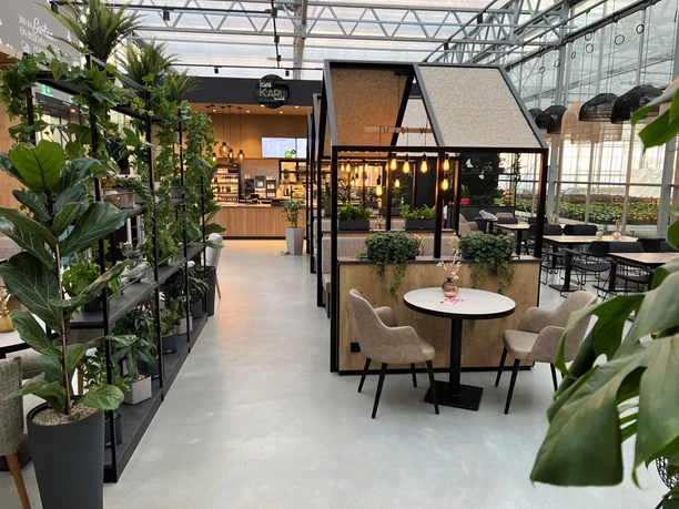 Café Karl Nienburg Moderne Café-Einrichtung mit Pflanzen, hölzernem Tresen und gemütlichen Sitzmöglichkeiten innen.