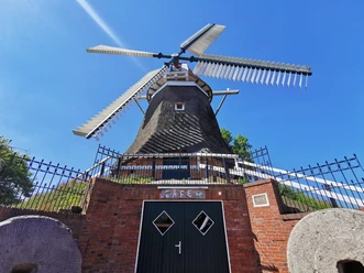 Uitzicht van onderaf op een grote windmolen met vier wieken achter een smeedijzeren hek en een bakstenen poort met twee kleine ramen
