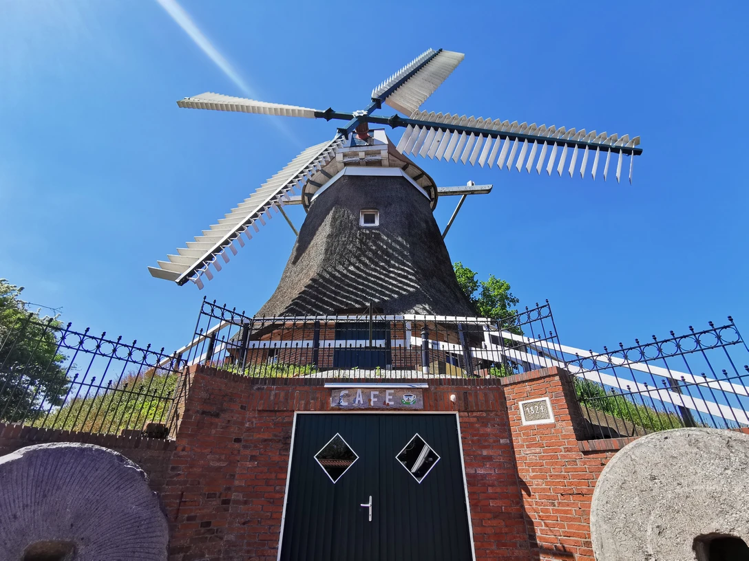Mühle_Burlage_Rhauderfehn_31.05.21_mk (11).jpg Blick von unten auf eine große Windmühle mit vier Flügeln hinter einem schmiedeeisernen Zaun und einem Backsteintor mit zwei kleinen Fenstern