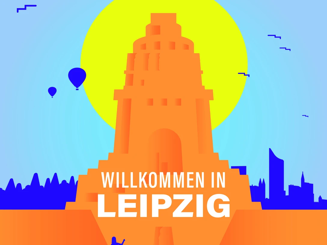 "Willkommen in Leipzig" - Podcast-Logo Logo des Podcasts "Willkommen in Leipzig" mit Illustration des Völkerschlachtdenkmals und eines SeesLogo of the podcast "Welcome to Leipzig" with illustration of the Monument to the Battle of the Nations and a lakeLogo podcastu "Vítejte v Lipsku" s ilustrací památníku Bitvy národů a jezeraLogo podcastu "Welcome to Leipzig" z ilustracją pomnika Bitwy Narodów i jezioraLogo van de podcast "Welkom in Leipzig" met illustratie van het Monument van de Volkerenslag en een meerLogo del podcast "Welcome to Leipzig" con illustrazione del Monumento alla Battaglia delle Nazioni e un lago