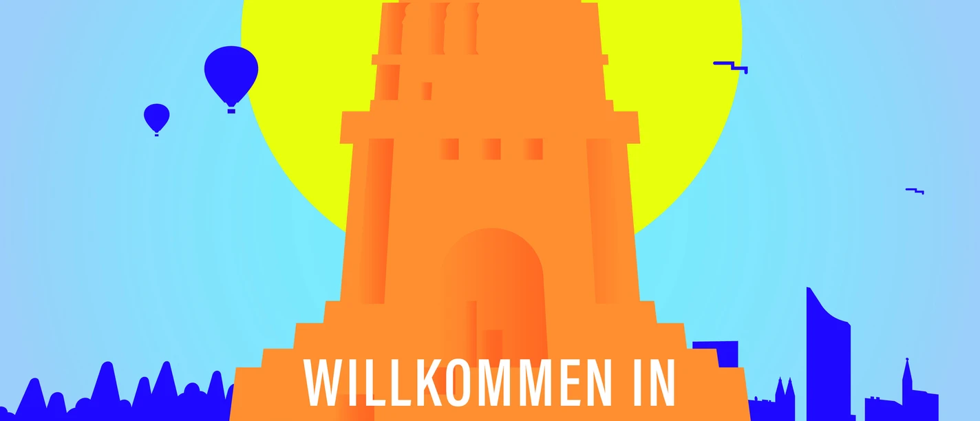 "Willkommen in Leipzig" - Podcast-Logo Logo des Podcasts "Willkommen in Leipzig" mit Illustration des Völkerschlachtdenkmals und eines Sees