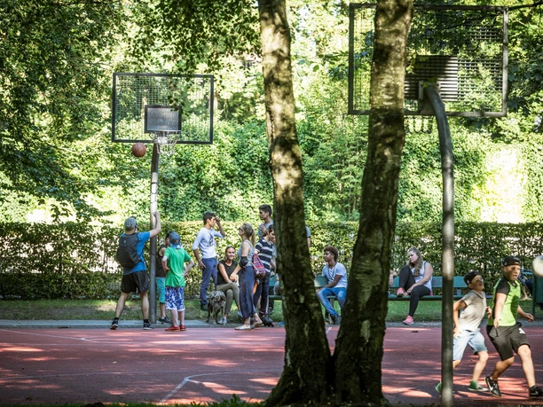 Menschen spielen Basketball, umgeben von Bäumen, während andere auf Bänken zuschauen.