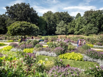 Botanischer Garten Gütersloh Blühende Gartenlandschaft mit bunten Blumenbeeten, Bäumen und Spaziergängern bei sonnigem Himmel.