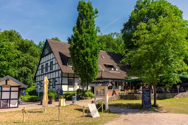 Café-Restaurant am Ausflugsziel Rubbenbruchsee Half-timbered house with café terrace on the edge of the forest, sunny weather, visitors enjoy the outdoor area.