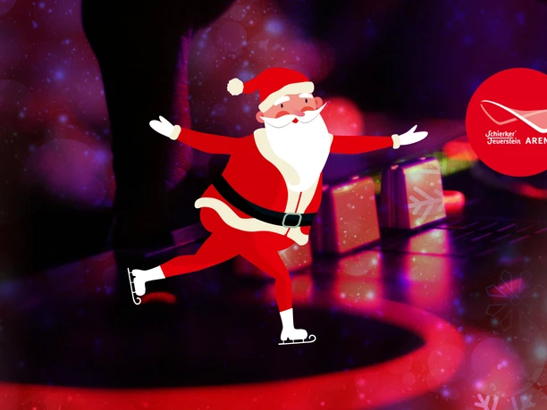 Weihnachtsmann auf Schlittschuhen vor DJ-Pult mit Arena-Logo und Lichtshow.