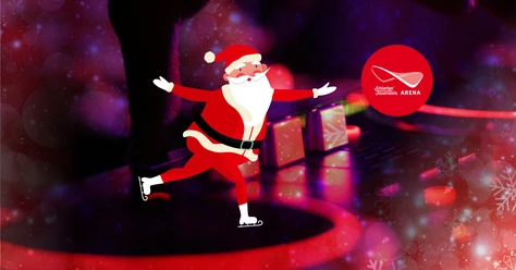 221217 Eisdisco X-mas neutral.jpg Weihnachtsmann auf Schlittschuhen vor DJ-Pult mit Arena-Logo und Lichtshow.