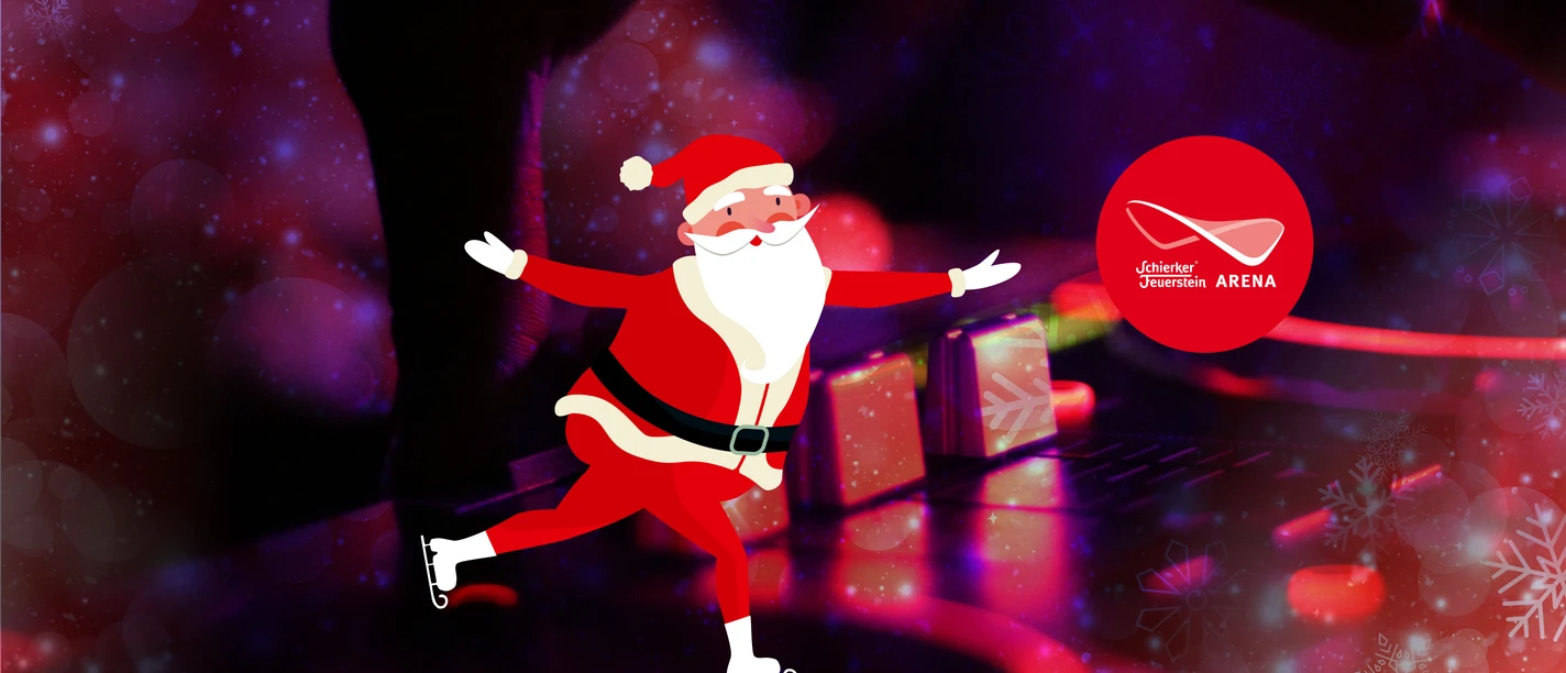 221217 Eisdisco X-mas neutral.jpg Weihnachtsmann auf Schlittschuhen vor DJ-Pult mit Arena-Logo und Lichtshow.
