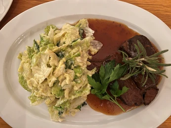 Rinderbraten in dunkler Soße mit frischem grünen Salat, garniert mit Rosmarinzweig auf ovalem Teller.Roast beef in a dark sauce with fresh green salad, garnished with a sprig of rosemary on an oval plate.Roastbeef i en mørk sauce med frisk grøn salat, pyntet med en kvist rosmarin på en oval tallerken.Rosbief in een donkere saus met frisse groene salade, gegarneerd met een takje rozemarijn op een ovaal bord.
