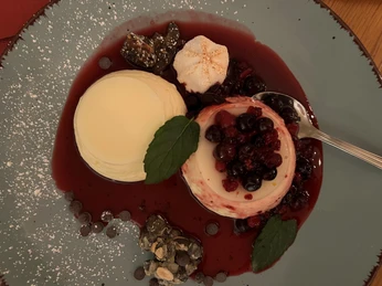 Edler Teller mit Panna Cotta, Beerenkompott, Schokostreuseln und Minzblättern, mit Löffel angerichtet.Elegant plate with panna cotta, berry compote, chocolate sprinkles and mint leaves, served with a spoon.Elegant tallerken med panna cotta, bærkompot, chokoladedrys og mynteblade, serveret med ske.Elegant bord met panna cotta, bessencompote, hagelslag en muntblaadjes, geserveerd met een lepel.