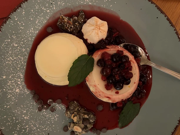 Elegant plate with panna cotta, berry compote, chocolate sprinkles and mint leaves, served with a spoon.