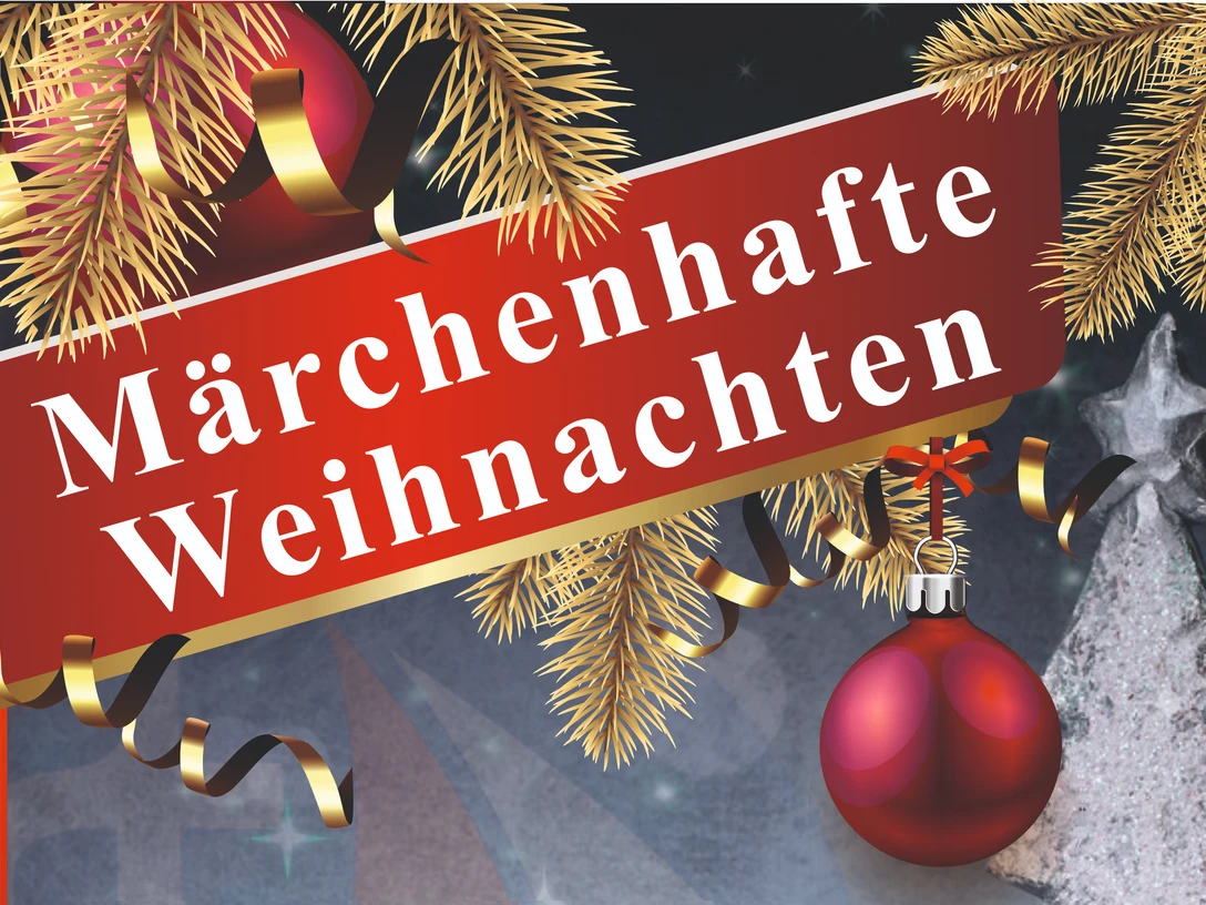 Märchenhafte Weihnacht Steinhude 2023.jpg Roter Weihnachtsbanner mit goldenem Schriftzug, umgeben von goldenen Tannenzweigen und einer roten Kugel.Red Christmas banner with golden lettering, surrounded by golden fir branches and a red ball.Rødt julebanner med gyldne bogstaver, omgivet af gyldne grangrene og en rød kugle.Rode kerstbanner met gouden letters, omringd door gouden sparrentakken en een rode bal.