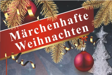 Roter Weihnachtsbanner mit goldenem Schriftzug, umgeben von goldenen Tannenzweigen und einer roten Kugel.