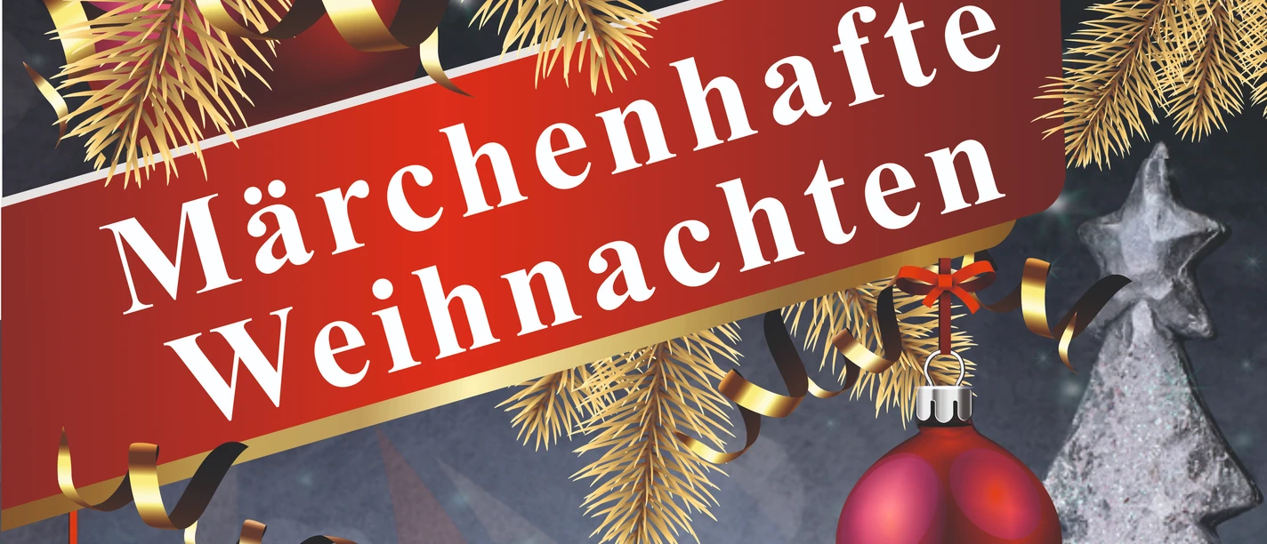 Red Christmas banner with golden lettering, surrounded by golden fir branches and a red ball.