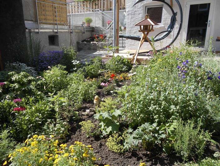 Garten Üppiges Blumenbeet mit bunten Blüten und einem Vogelfutterhaus vor einer hellen Hausfassade.