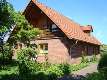 Ferienhaus Backsteinhaus mit rotem Satteldach, umgeben von grünen Sträuchern und Bäumen unter blauem Himmel.