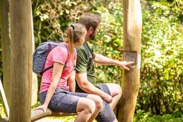 Borgholzhausen-Luisenturm-Teutoburger-Wald-Tourismus-D-Ketz-067.jpg Ein Wanderpaar sitzt auf einem Holzgeländer im Teutoburger Wald und betrachtet eine Informationstafel.