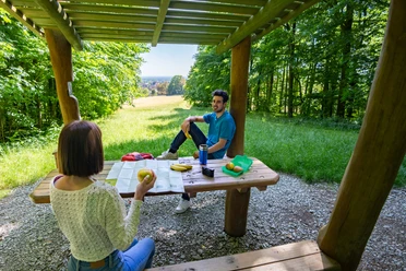 Halle-Hörstation-Teutoburger-Wald-Tourismus-Patrick-Gawandtka-090_lowres.jpg Zwei Personen sitzen an einem Holztisch unter einem hölzernen Pavillon im sommerlichen Wald.