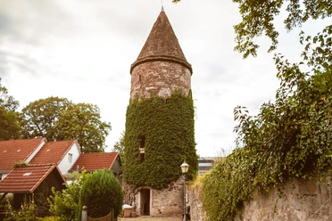 Wehrturm Wehrturm mit runder, begrünten Fassade und spitzem Dach, umgeben von Häusern und Bäumen.