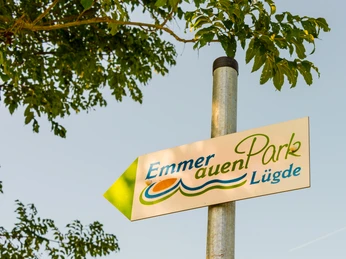 Wegweiser zum Emmerauenpark in Lügde, grüner Pfeil mit Schriftzug vor blauem Himmel und Blättern.