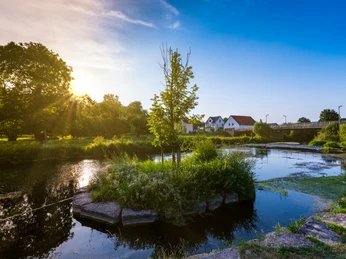 Die Emmer im Emmerauenpark Flusslandschaft bei Sonnenuntergang im Emmerauenpark mit Brücke, Bäumen und Häusern im Hintergrund.