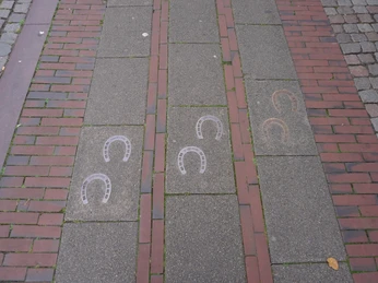 Pflasterweg mit eingelegten Hufeisenmustern in Reihen, umgeben von rotbraunen Pflastersteinen.