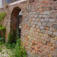 Alte Stadtmauer Verden Alte Backsteinmauer mit Torbogen und Hausnummer 41, überwuchert von Grünpflanzen an einem gepflasterten Weg.