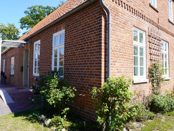 Dauelsen Alte Schule Rotes Backsteinhaus mit mehreren weißen Sprossenfenstern, teils von Grünpflanzen umgeben.