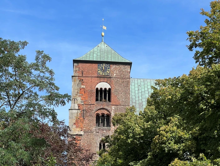 Dom Verden Roter Backstein-Dom mit grünem Dach, Uhr und Türmen umrahmt von dichten grünen Bäumen.Red brick cathedral with green roof, clock and towers framed by dense green trees.Rød murstenskatedral med grønt tag, ur og tårne indrammet af tætte grønne træer.Rode bakstenen kathedraal met groen dak, klok en torens omringd door dichte groene bomen.