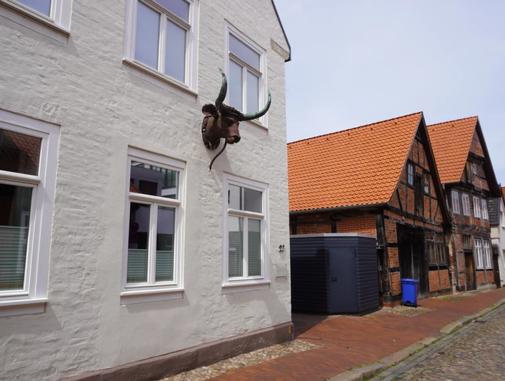 Ehem. Gerberei Fischerviertel Verden Weiße Fassade einer ehemaligen Gerberei im Fischerviertel Verden, mit Bullenkopf an der Wand.