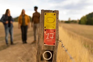 Wanderer auf dem Bierweg Holzpfosten mit gelben, roten und schwarzen Wandermarkierungen, unscharfe Wanderer im Hintergrund.