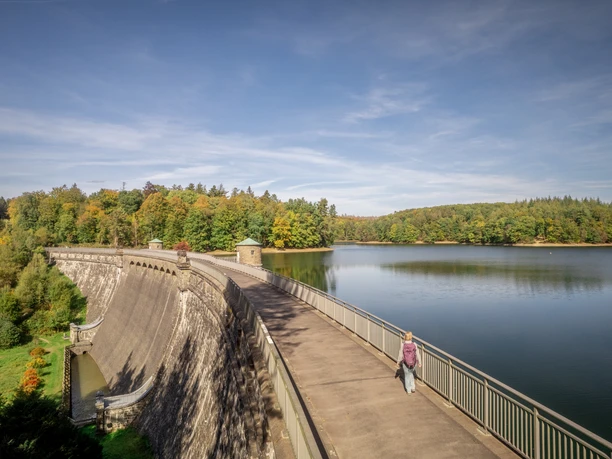 Neyetalsperre Ein Fußgänger überquert eine geschwungene Steinbrücke mit Geländer, die einen ruhigen Stausee säumt.