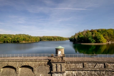 Neyetalsperre Die Lingese-Talsperre bei Wipperfürth mit einer Steinbrücke und Wäldern im herbstlichen Grün.