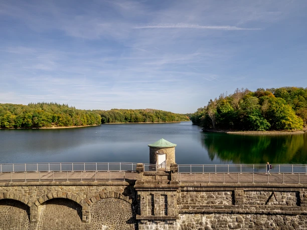 Neyetalsperre Staumauer mit einem kleinen Turm im Vordergrund, ruhiger See und bewaldete Ufer unter blauem Himmel.