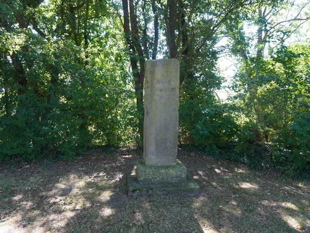 Bornemacher Stele Stele aus grauem Stein in Waldlichtung, umgeben von grünen Bäumen bei Tageslicht, steht ruhig.