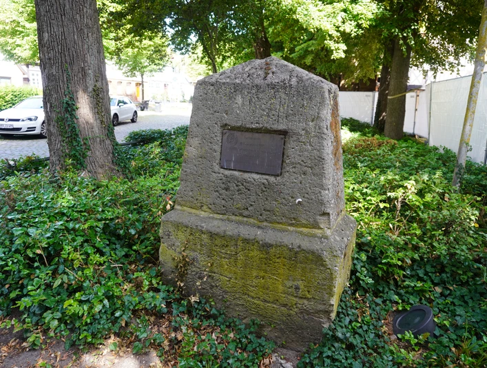 Lutherstein Gedenkstein von Büschen umgeben, mit Plakette darauf, in einem von Bäumen beschatteten Gebiet.