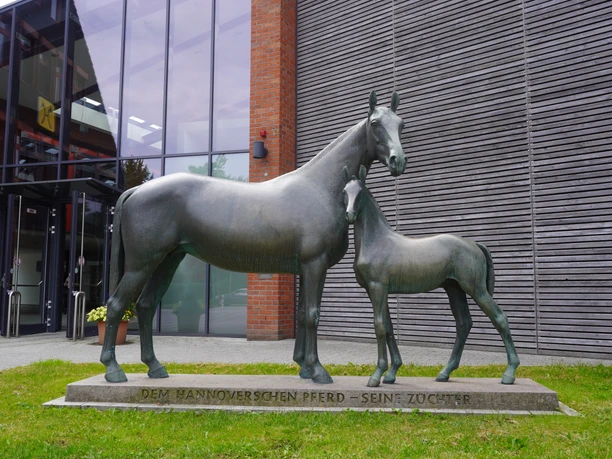 Skulptur einer Mutterstute mit Fohlen aus Bronze auf einem Rasen vor einem modernen Gebäude in Verden.