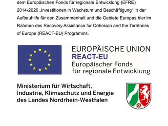 Förderlogos Europäische Union REACT-EU und NRW Förderlogos der Europäischen Union REACT-EU und NRW, verbunden mit nachhaltiger Entwicklung.