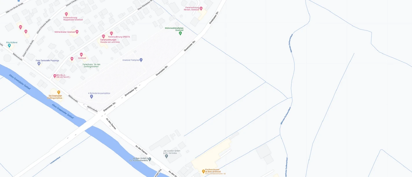 Parkplatz Mühlenstraße in Greetsiel Straßenkarte von Greetsiel mit dem öffentlichen Parkplatz an der Mühlenstraße.