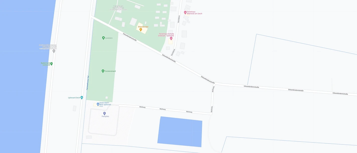 Kartenausschnitt Parkplatz Trockenstrand Upleward Kartenansicht des Parkplatzes am Trockenstrand Upleward, direkt hinter dem Deich am Mollweg.