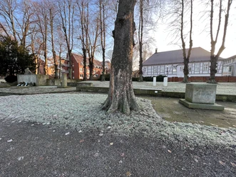 Eine Gedenkstätte mit Denkmalen und Bäumen umgeben von Gebäuden unter einem klaren Himmel im Winter.