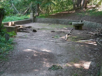 Ein alter, runder Brunnen steht in einer bewaldeten Umgebung, umgeben von grünen Bäumen und Sträuchern.