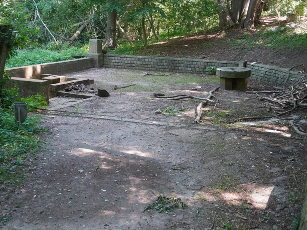 Brunnen Verden Ein alter, runder Brunnen steht in einer bewaldeten Umgebung, umgeben von grünen Bäumen und Sträuchern.