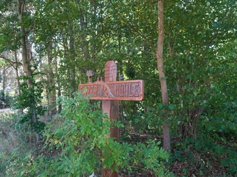 Eitzer Wegweiser Holzwegweiser im Grünen markiert den Eitzer Mühle Pfad. Umgeben von Bäumen und dichten Büschen.