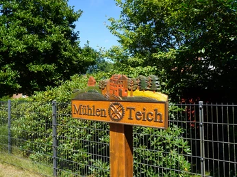 Eitzer Wegweiser Ein Holzschild mit der Aufschrift "Mühlen Teich" steht vor grüner Hecke unter blauem Himmel.