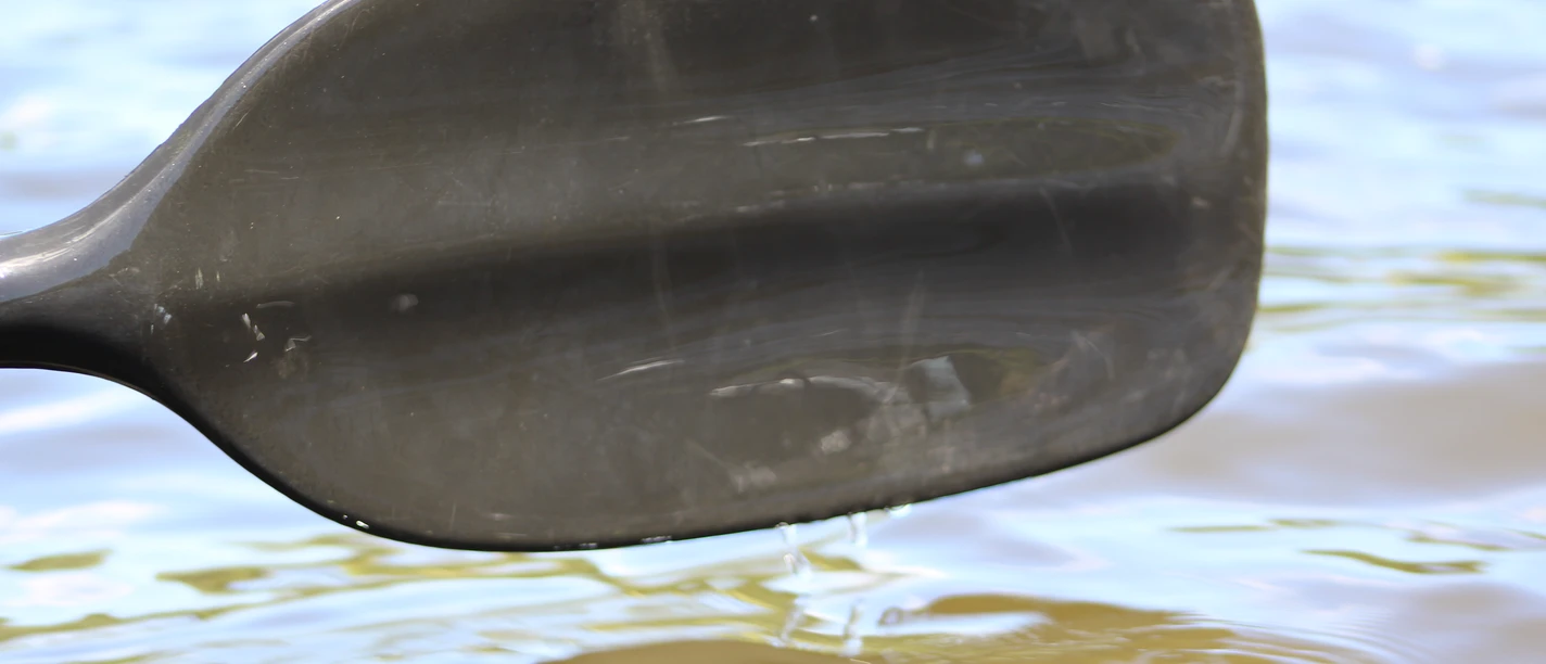 Ein schwarzes Paddel berührt das ruhige Wasser eines Sees, erzeugt kleine Wellen.