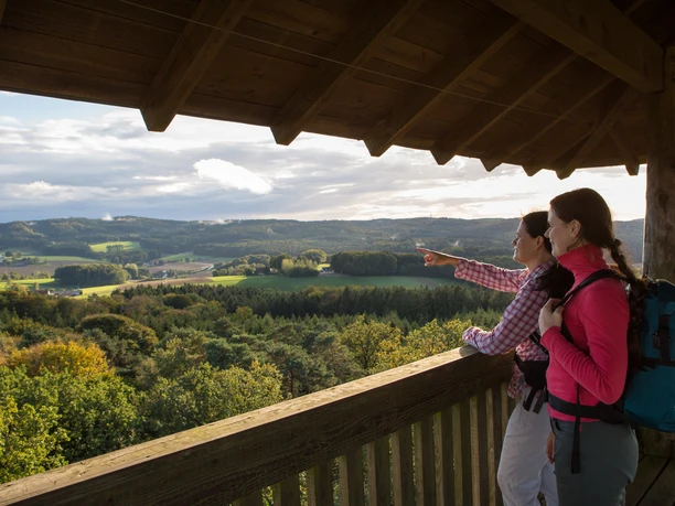 575-01 - touristische Fotos Herzmann - Beutling+Landschaft+wandern_ Fotos Klaus Herzmann-11.JPG Zwei Wanderinnen genießen den weiten Blick von einem hölzernen Aussichtsturm auf grüne Landschaft.