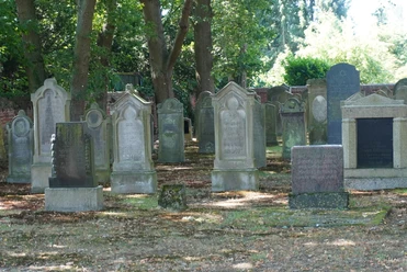 Jüdischer Friedhof Verden Dicht aneinanderliegende Grabsteine auf einem historischen jüdischen Friedhof, umgeben von Bäumen.